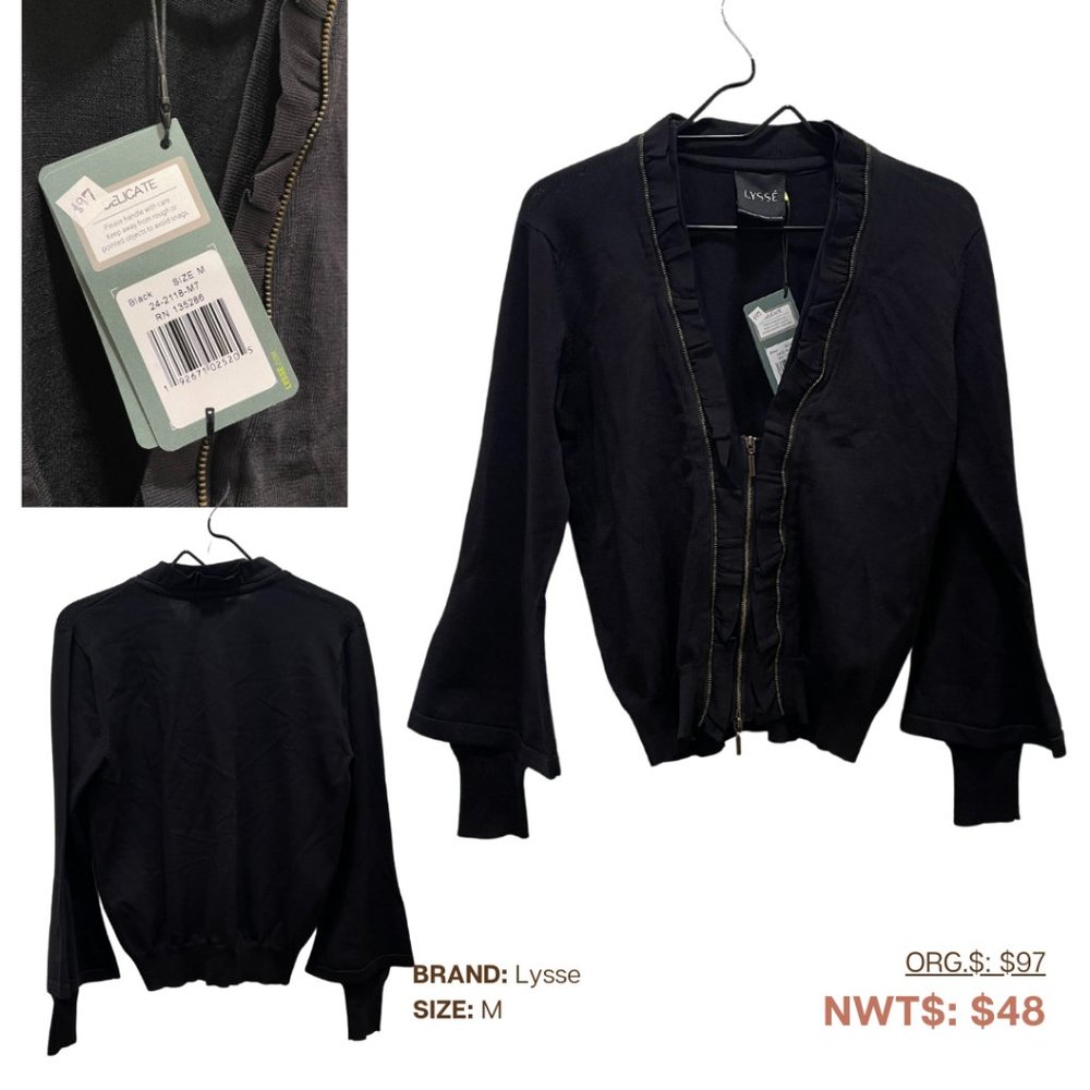 Lysse, Black Sweater with Zipper, M NWT